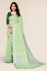 Plain Light Green  Linen Saree with Embroidered blouse