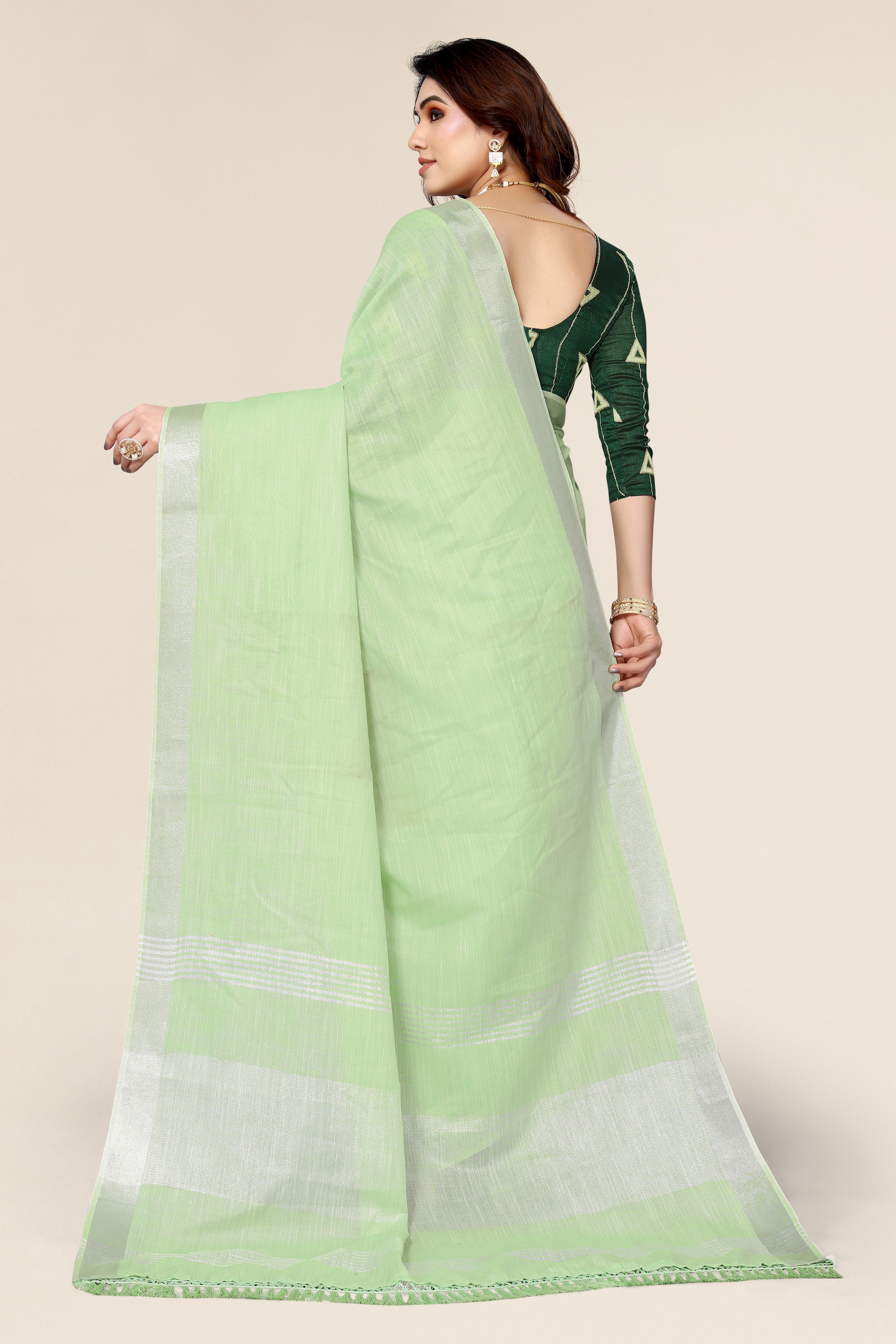 Plain Light Green  Linen Saree with Embroidered blouse