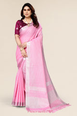 Plain Pink Linen Saree with Embroidered blouse