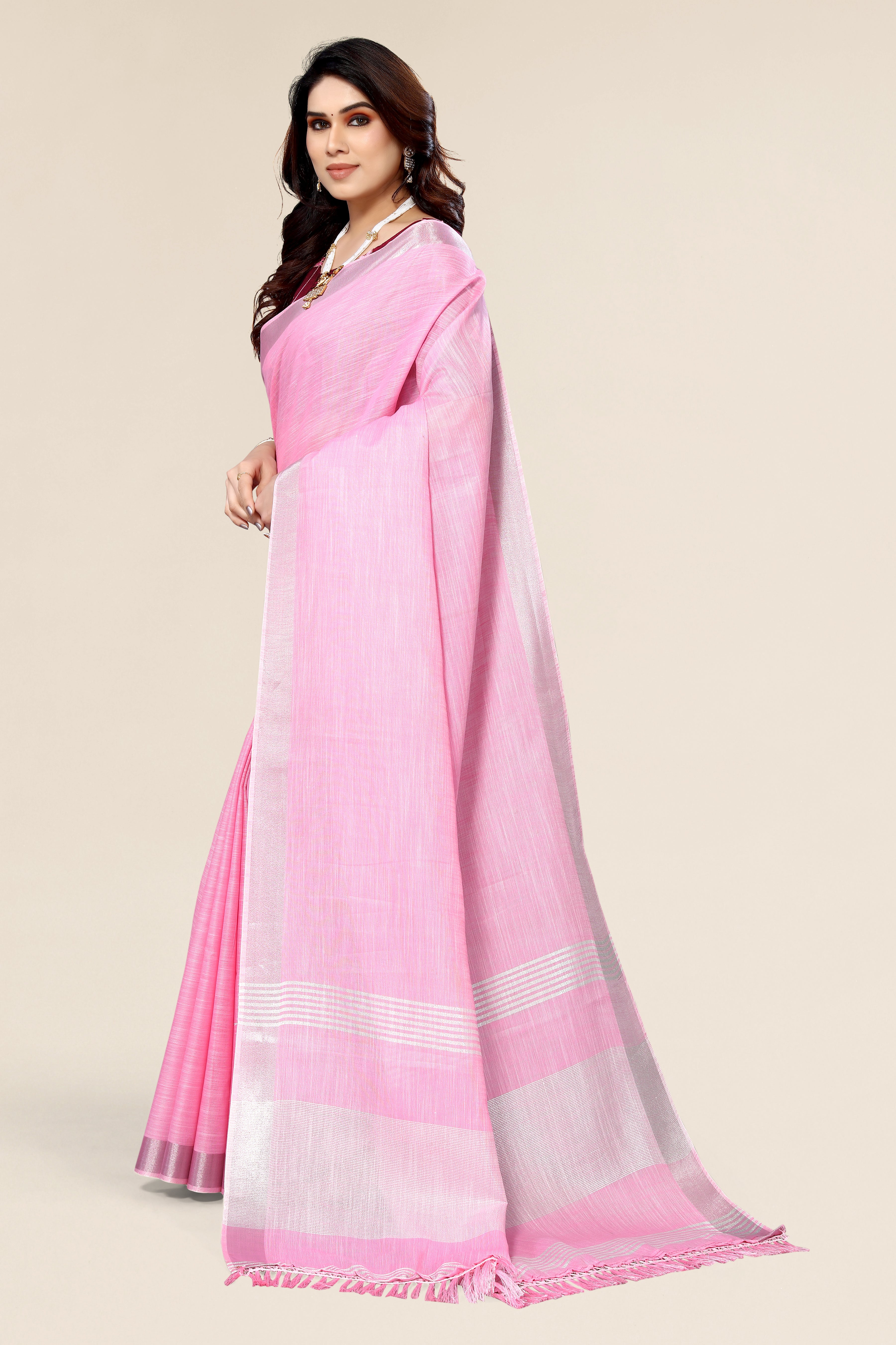 Plain Pink Linen Saree with Embroidered blouse