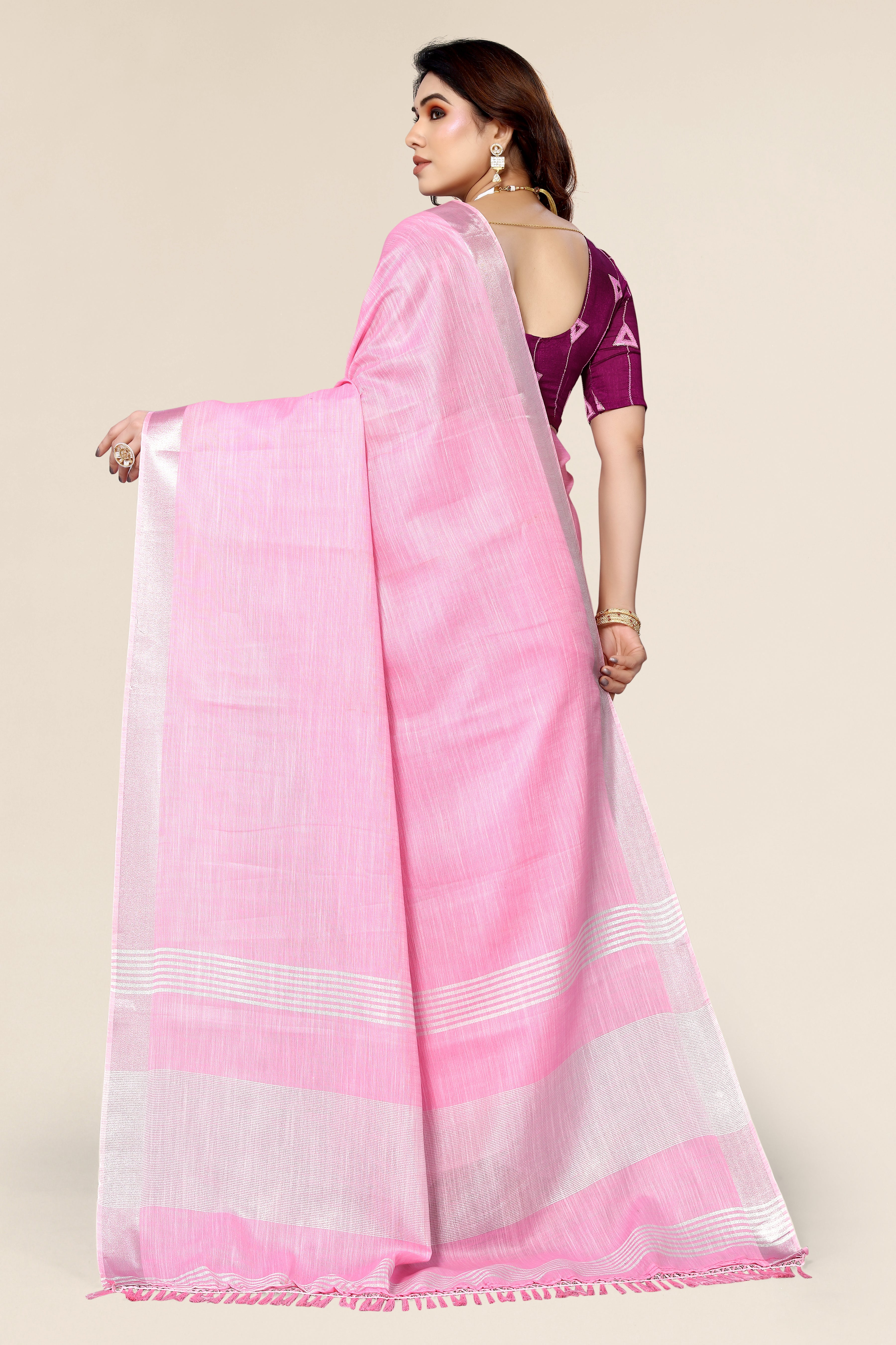 Plain Pink Linen Saree with Embroidered blouse