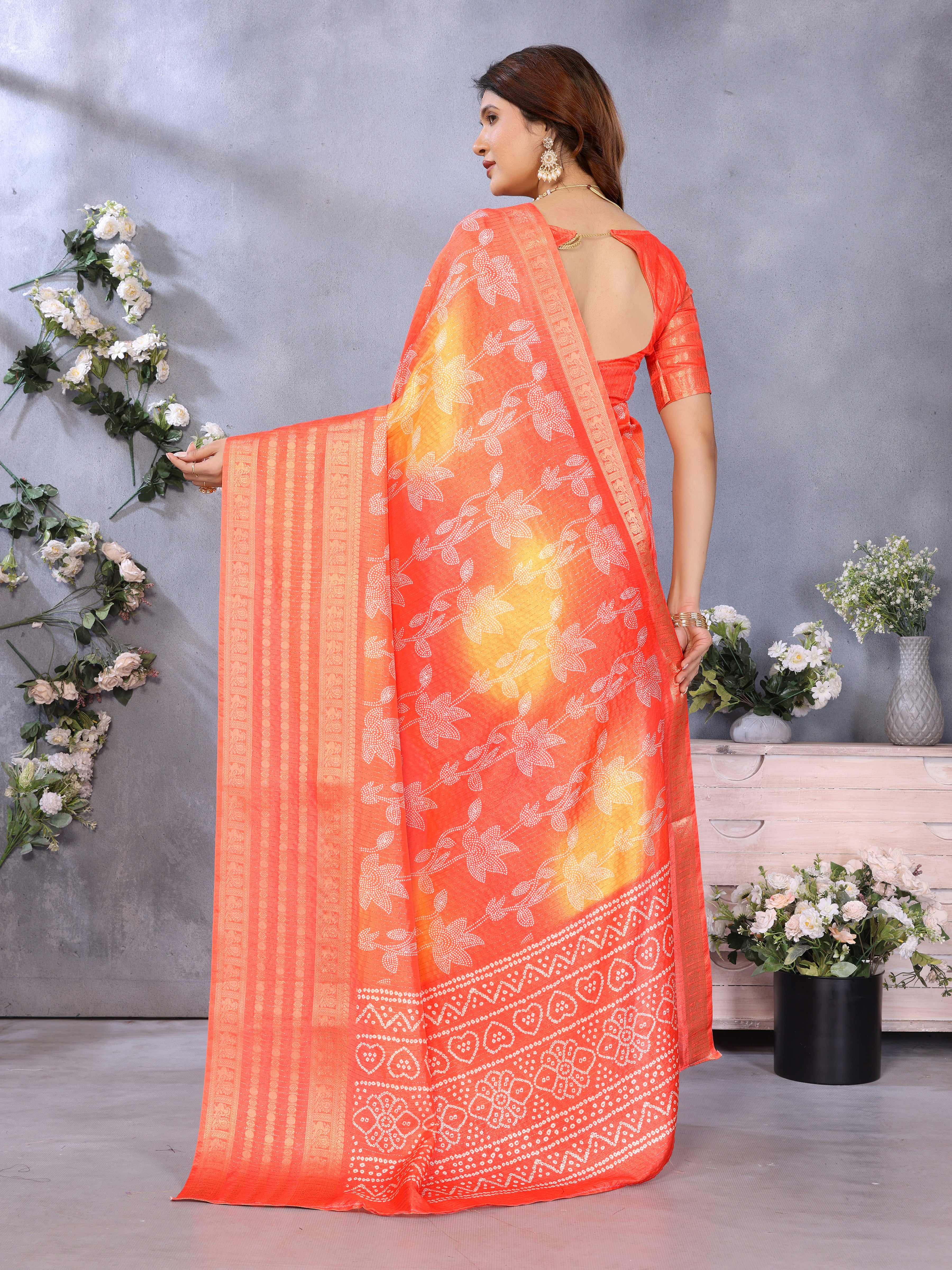 Red Dola Jacquard Bandhani Floral Digital Print