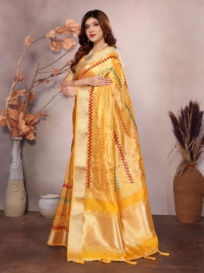 Yellow Kashmiri Zari work Saree
