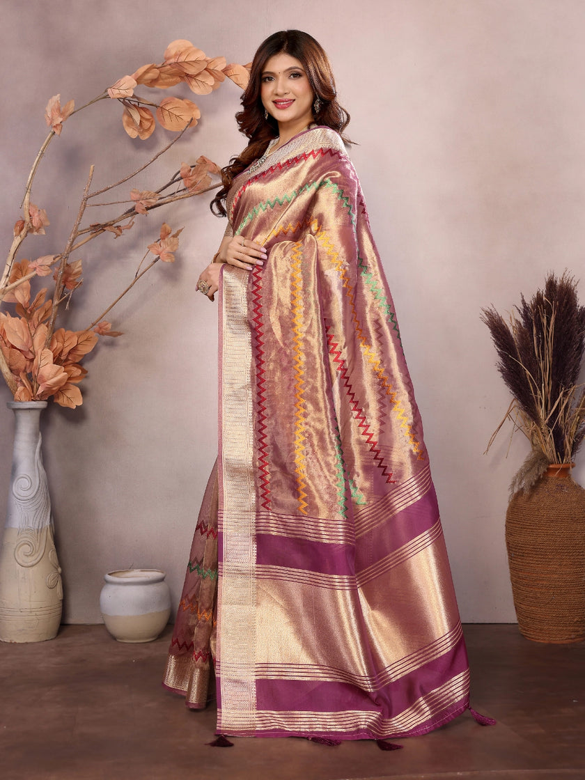Wine Kashmiri Zari work Saree