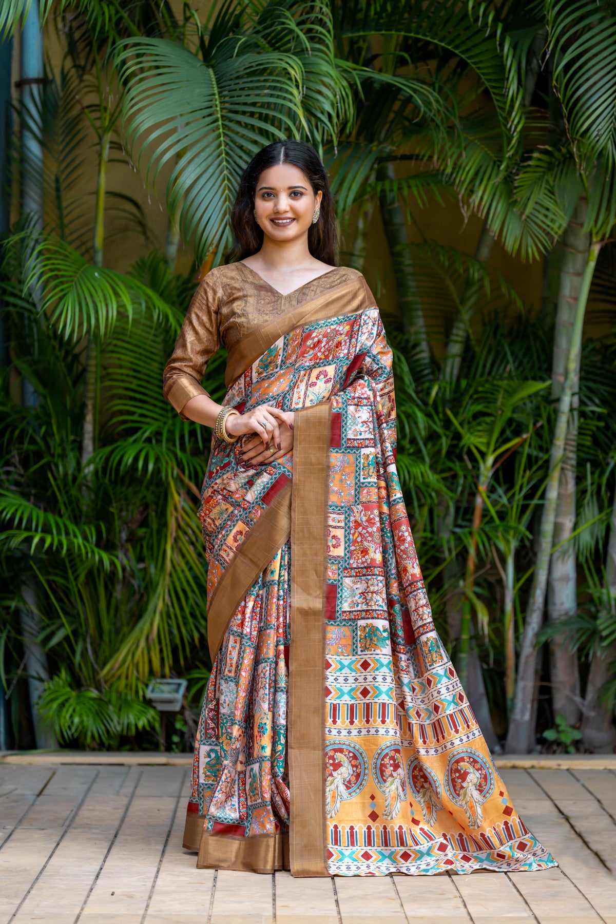 Brown Pure Cotton Printed Saree