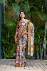 Brown Pure Cotton Printed Saree