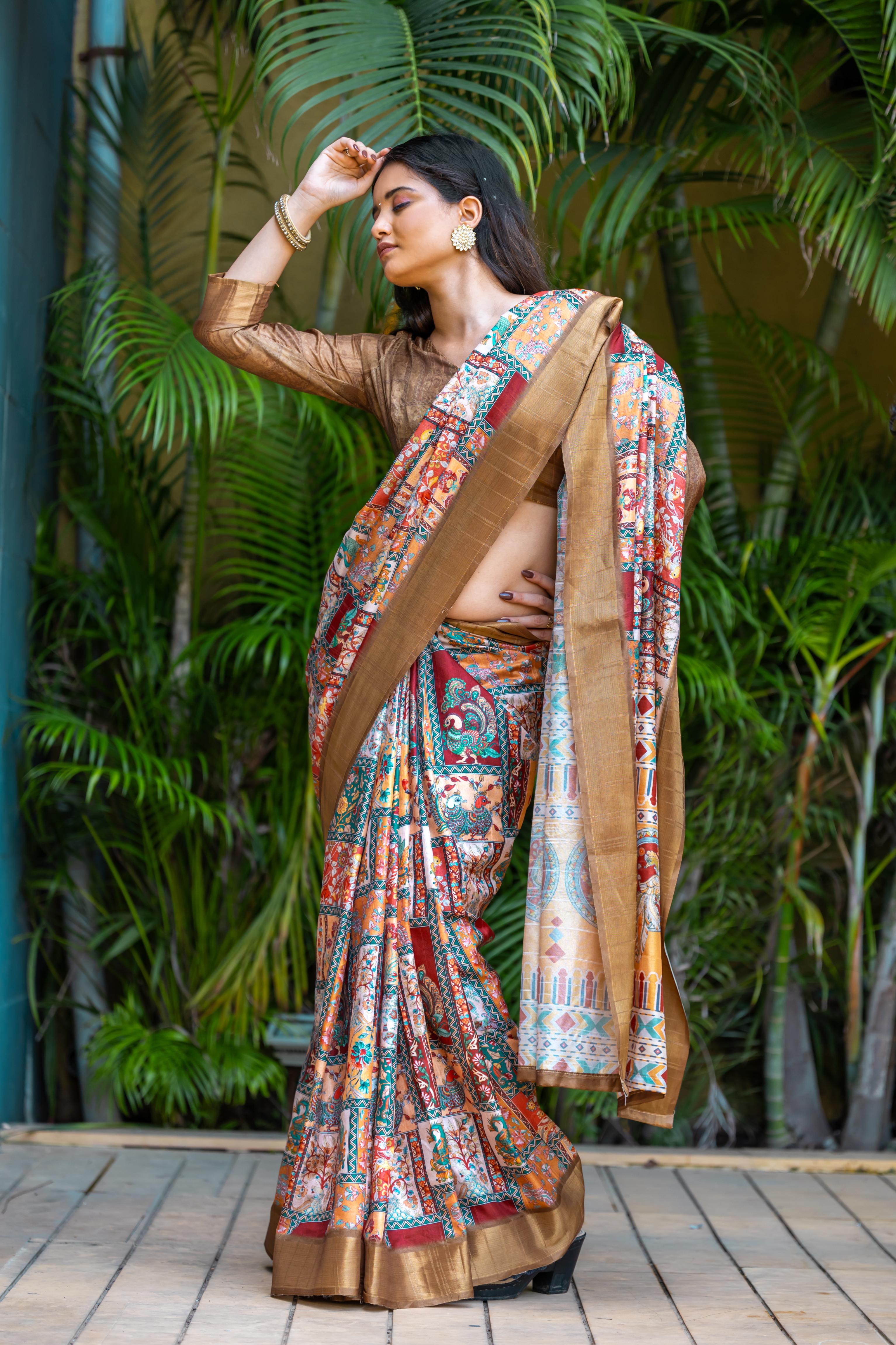 Brown Pure Cotton Printed Saree