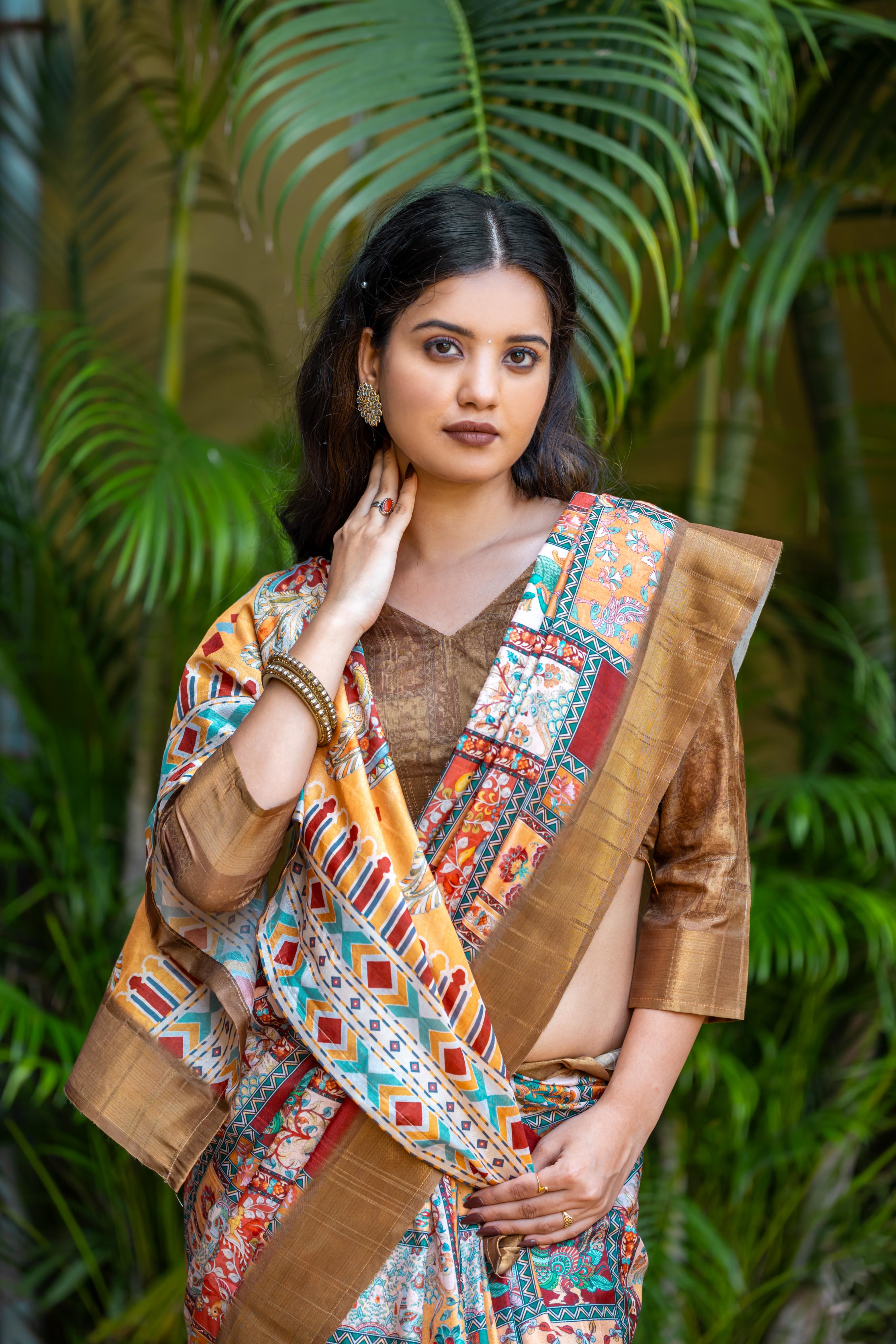 Brown Pure Cotton Printed Saree