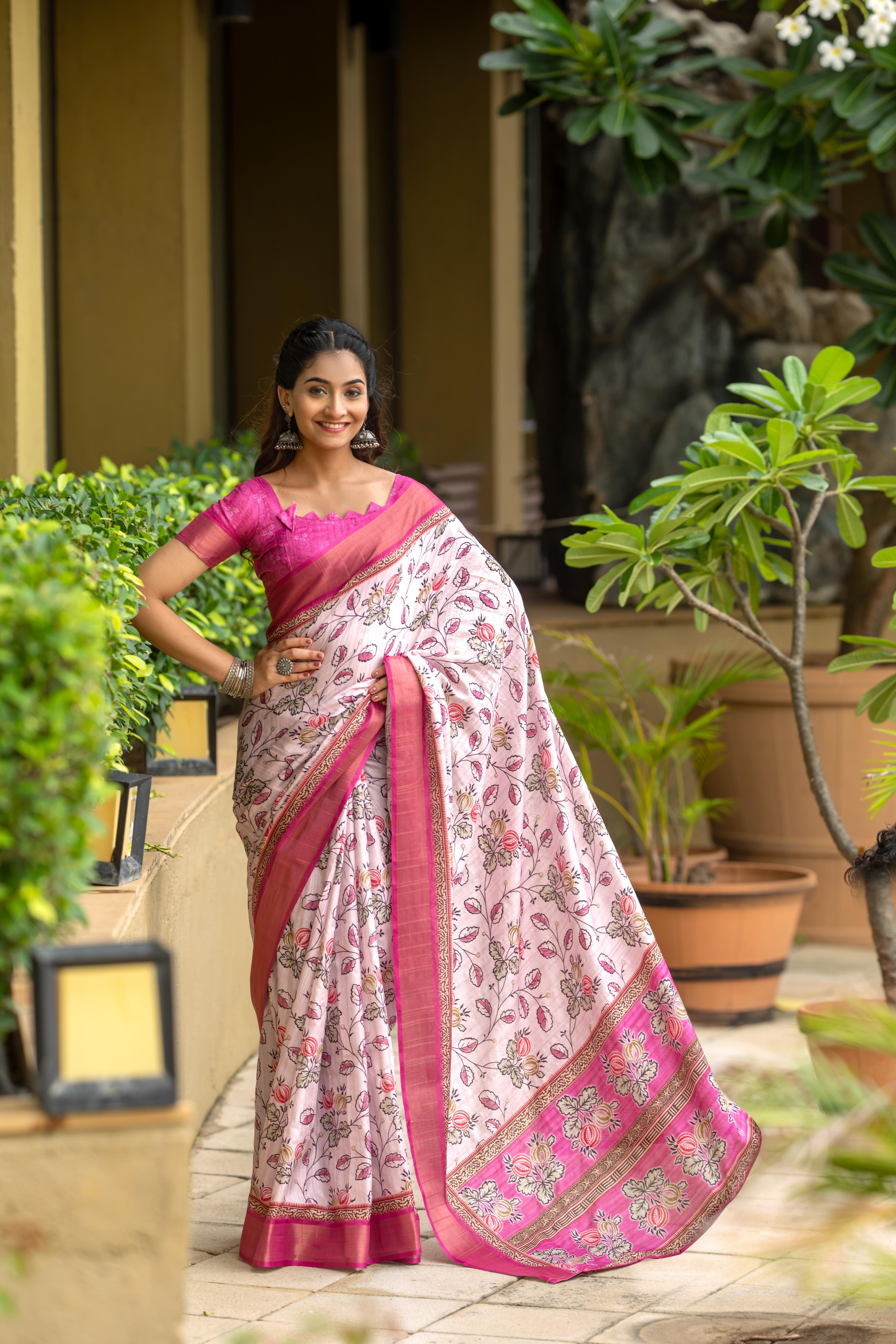 Light Pink Pure Cotton Printed Saree