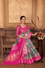 Green and Pink Banarasi Silk Floral Print Zari Woven Saree