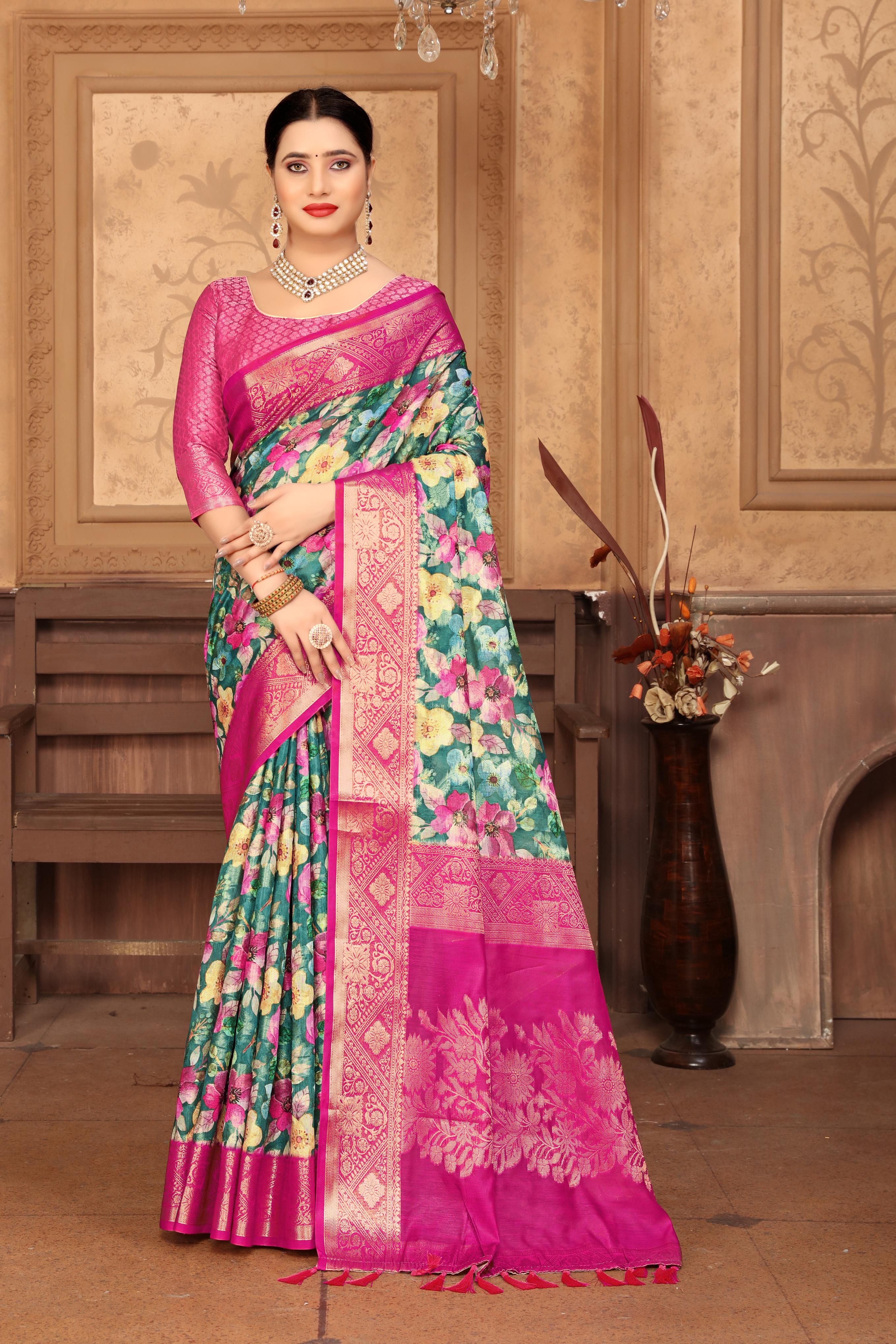 Green and Pink Banarasi Silk Floral Print Zari Woven Saree