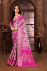 Pink Banarasi Silk Floral Print Zari Woven Saree