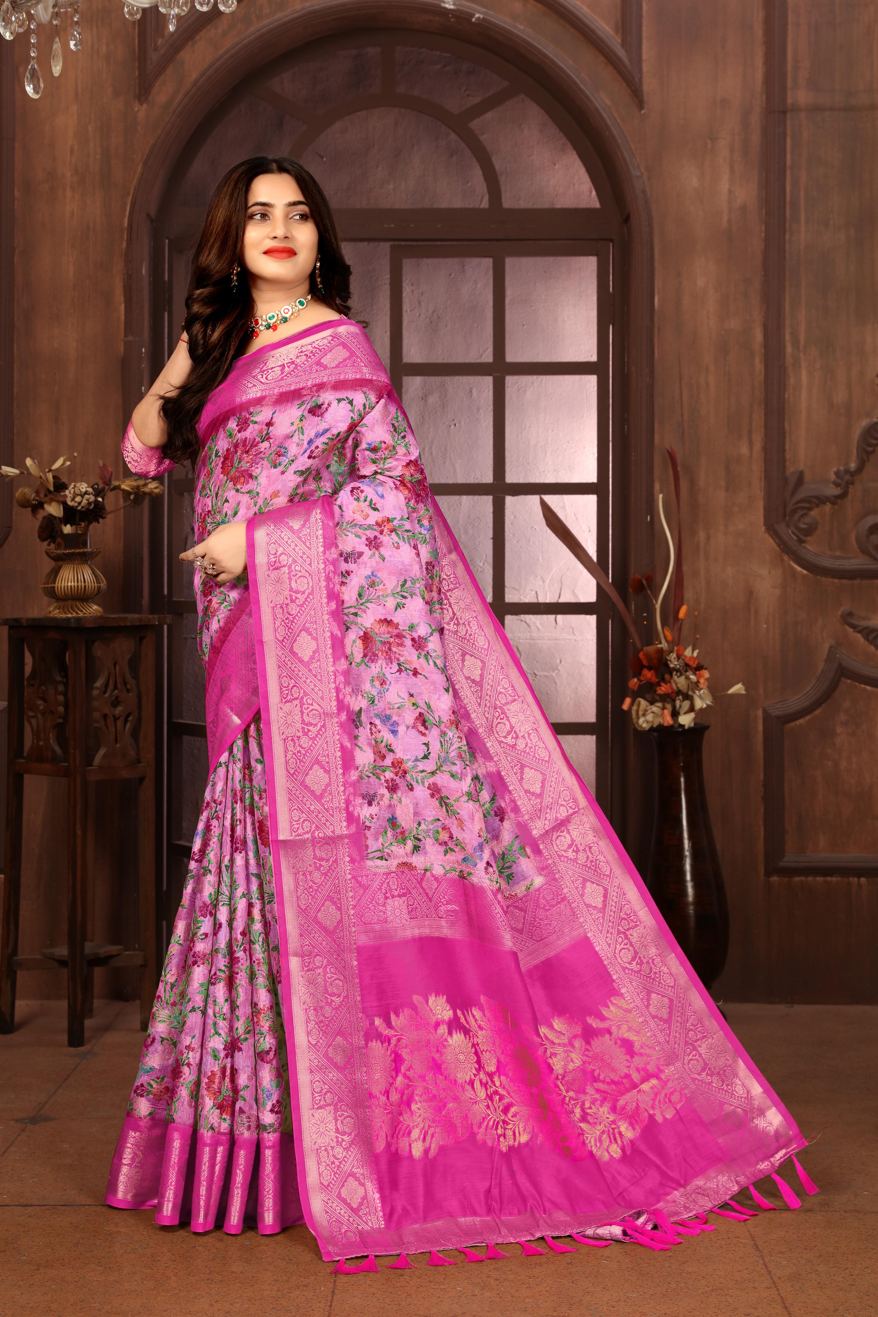 Pink Banarasi Silk Floral Print Zari Woven Saree