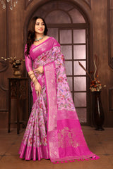 Pink Banarasi Silk Floral Print Zari Woven Saree