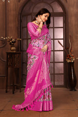 Pink Banarasi Silk Floral Print Zari Woven Saree