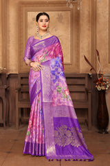 Purple Banarasi Silk Floral Print Zari Woven Saree