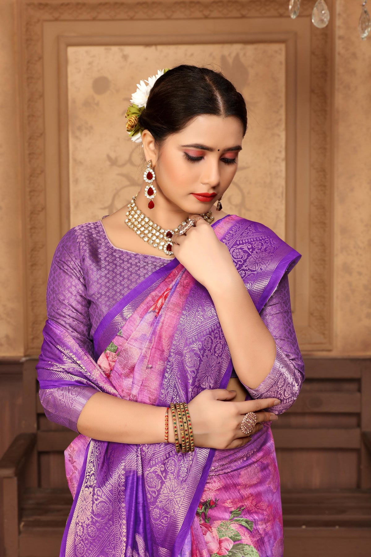 Purple Banarasi Silk Floral Print Zari Woven Saree