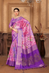 Purple Banarasi Silk Floral Print Zari Woven Saree