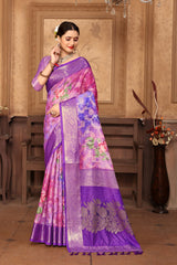 Purple Banarasi Silk Floral Print Zari Woven Saree