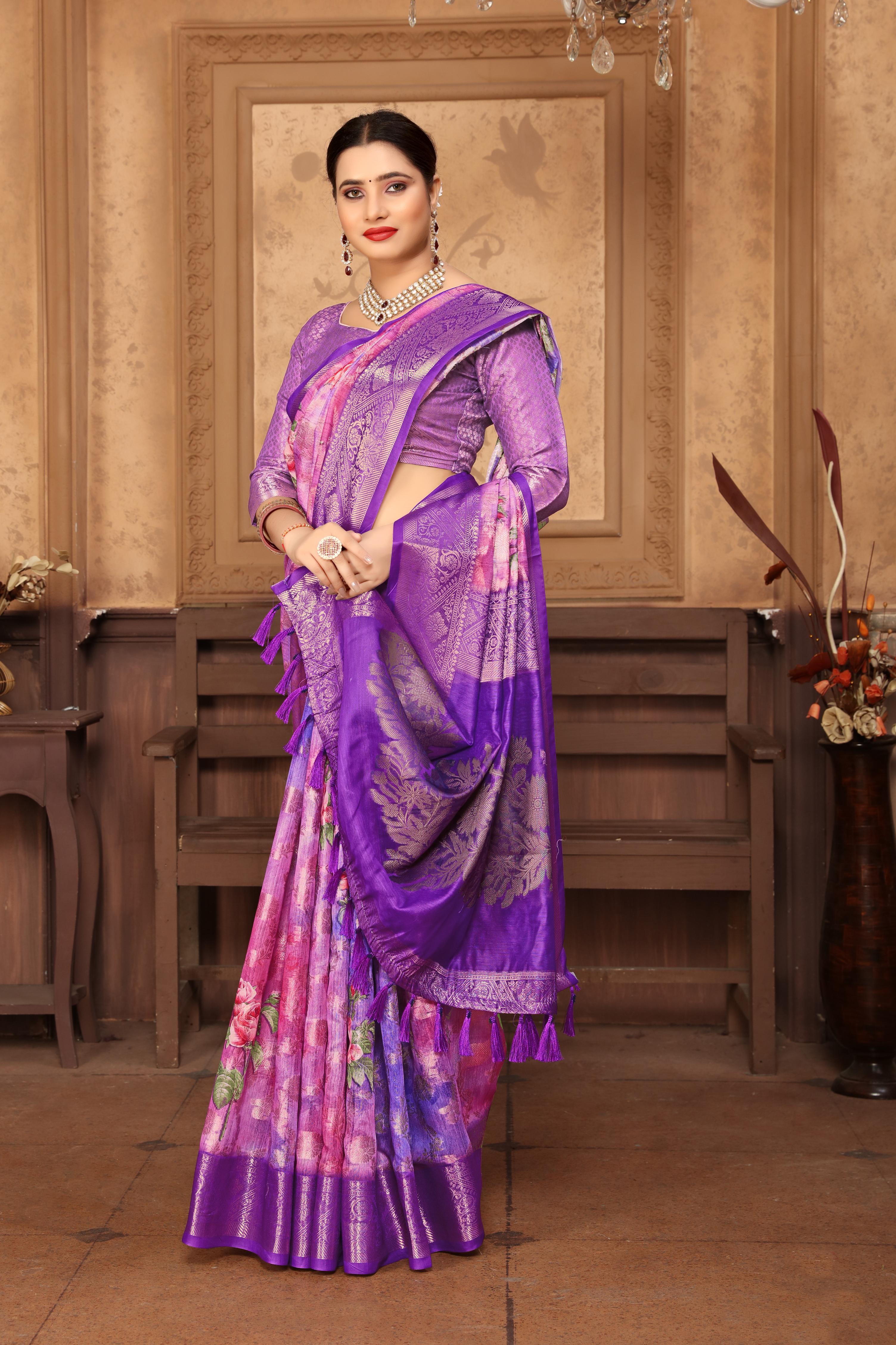 Purple Banarasi Silk Floral Print Zari Woven Saree