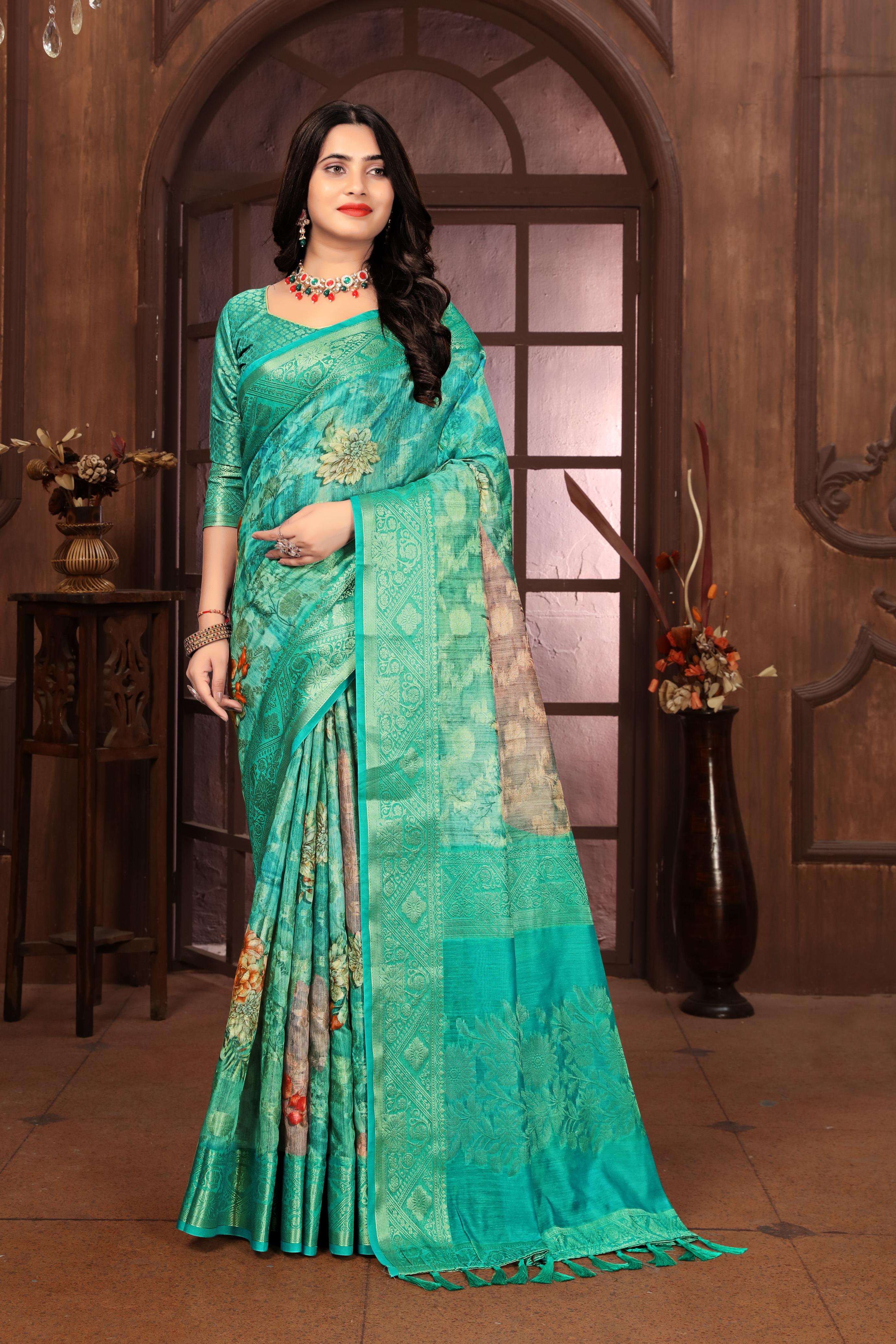 Teal Blue Banarasi Silk Floral Print Zari Woven Saree