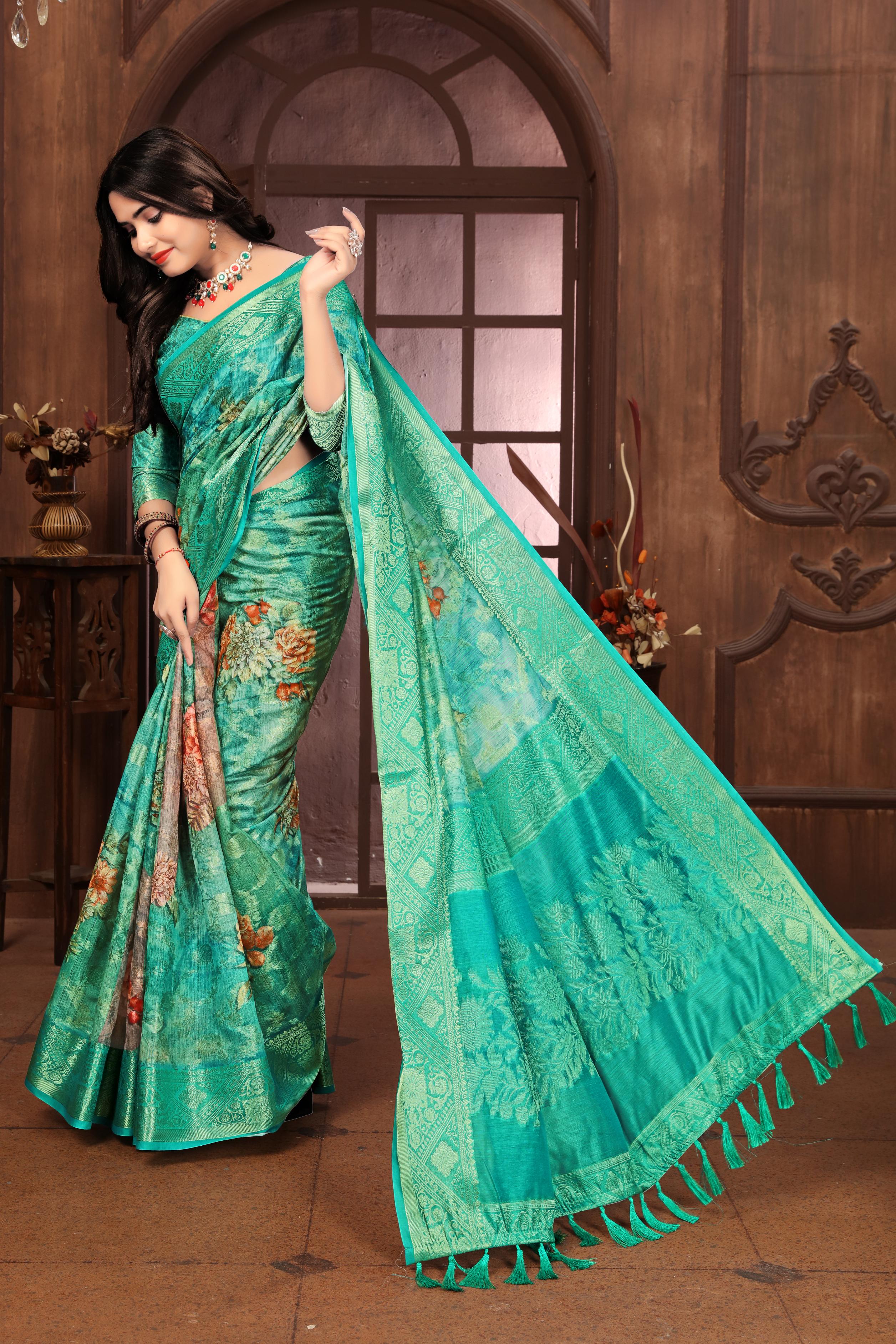 Teal Blue Banarasi Silk Floral Print Zari Woven Saree