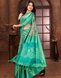 Teal Blue Banarasi Silk Floral Print Zari Woven Saree