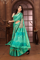 Teal Blue Banarasi Silk Floral Print Zari Woven Saree