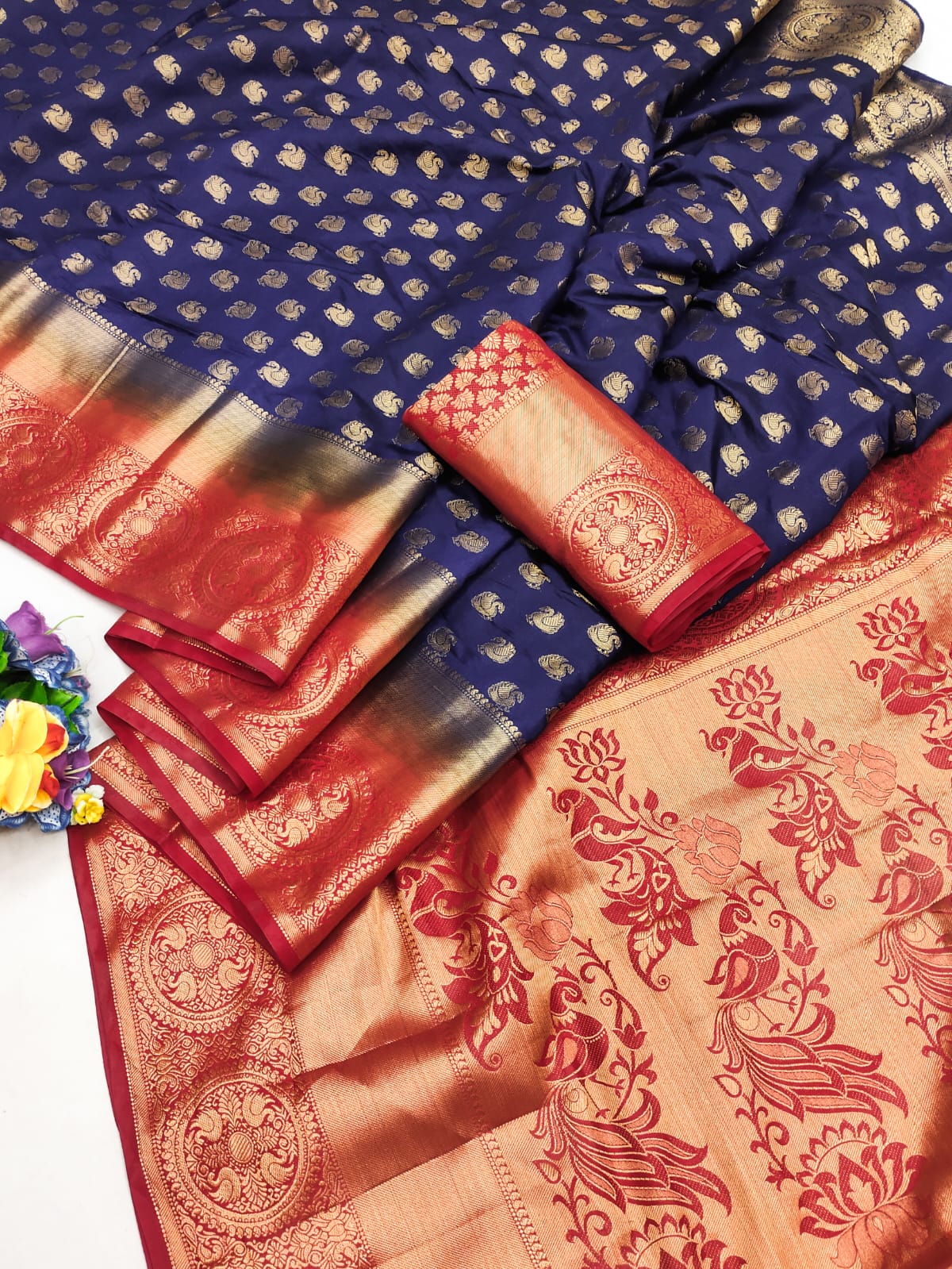 Navy Blue with Red pallu Banarasi Jacquard Weave Saree