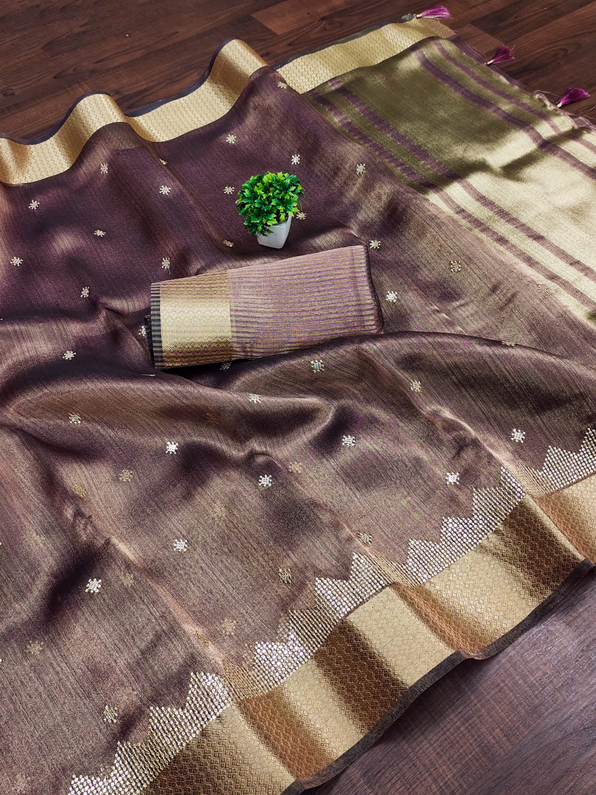 Brown Tissue Cotton Silk Sequins Embroidery Saree