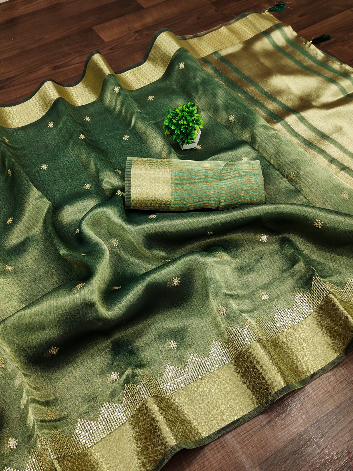 Sea Green Tissue Cotton Silk Sequins Embroidery Saree