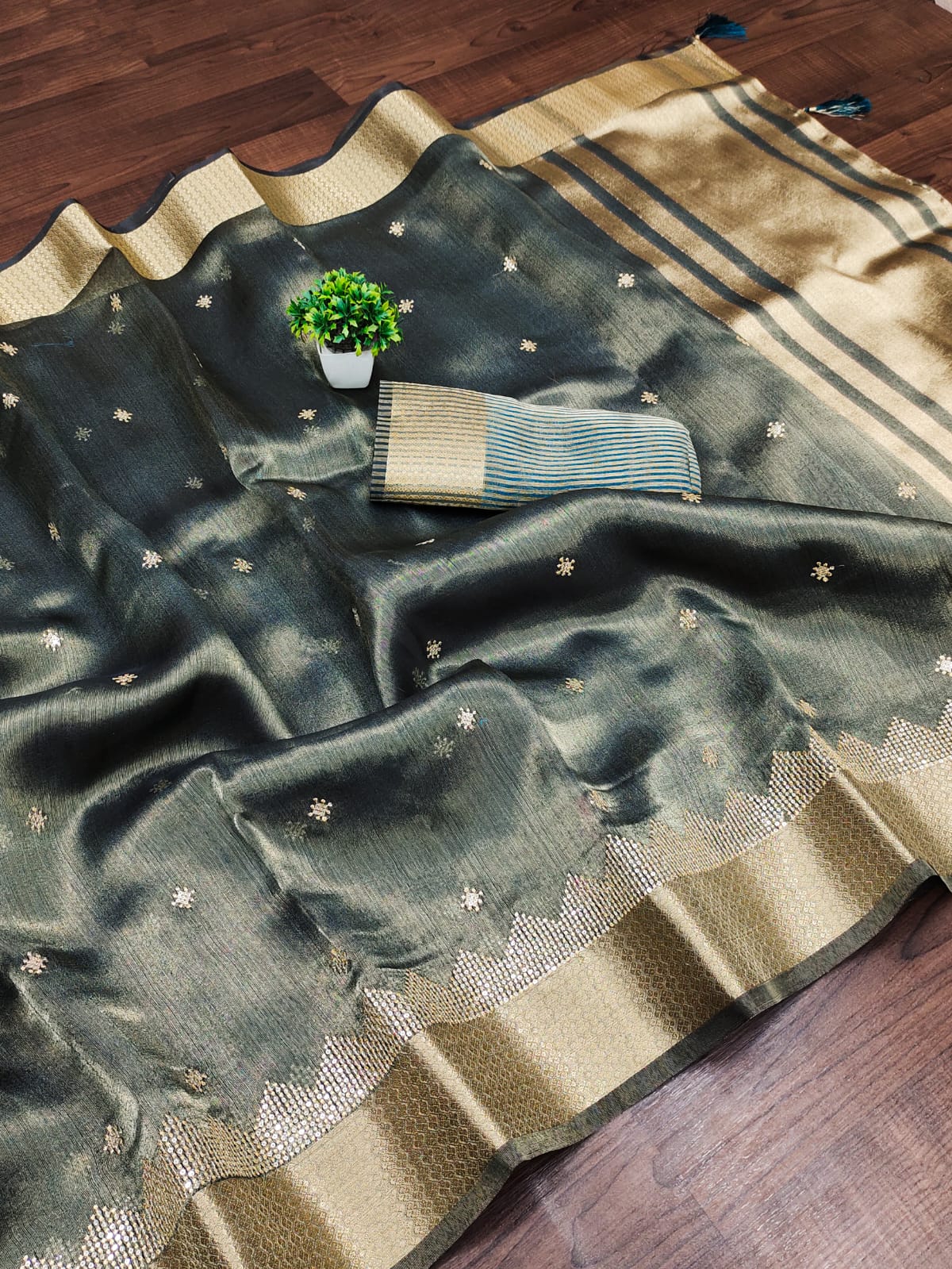 Green Tissue Cotton Silk Sequins Embroidery Saree