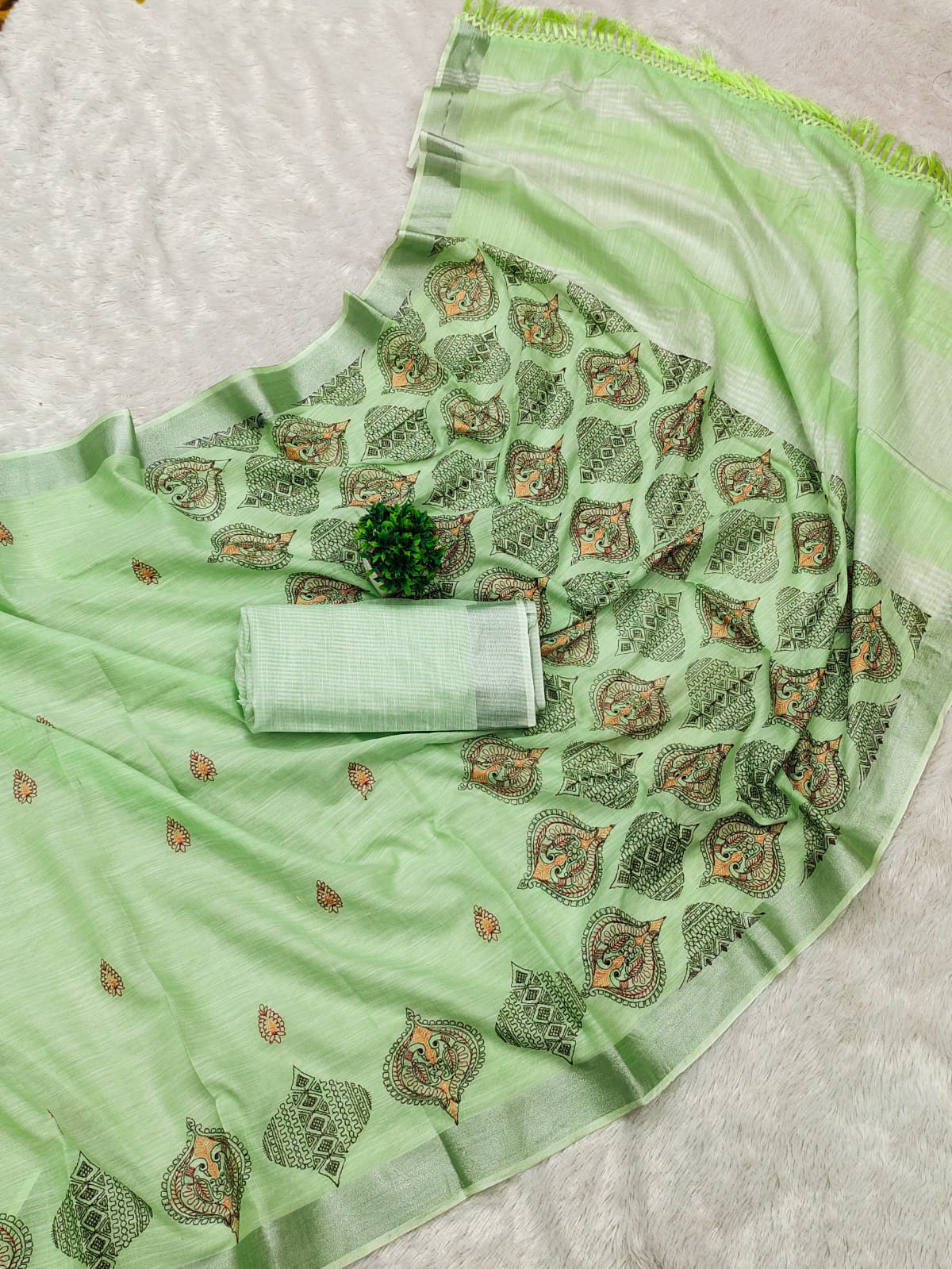Pista Green Linen Cotton Embroidery Saree