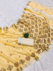 Lemon Yellow Linen Cotton Embroidery Saree