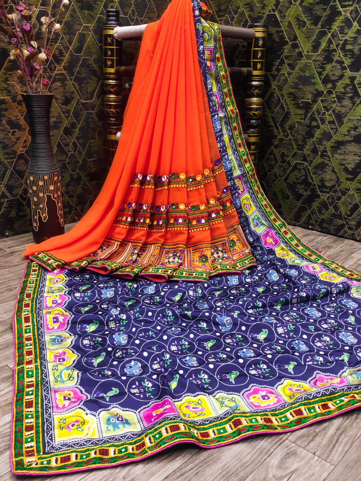Blue and Orange Georgette Half And Half Saree
