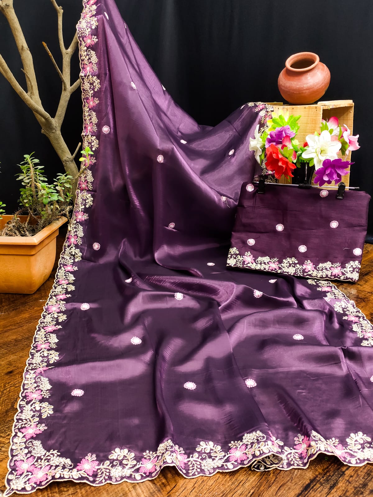Wine Floral Sequins Border work Jimmy Choo Saree