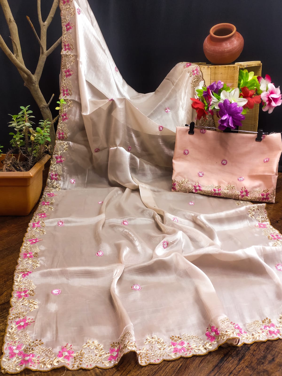 Pink Floral Sequins Border work Jimmy Choo Saree