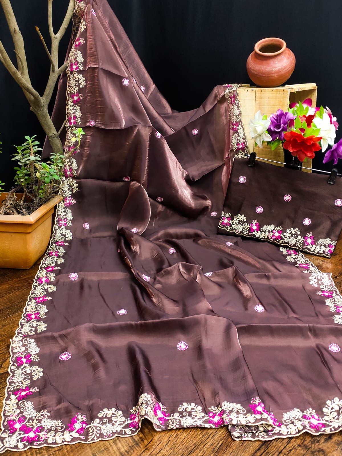 Brown Floral Sequins Border work Jimmy Choo Saree