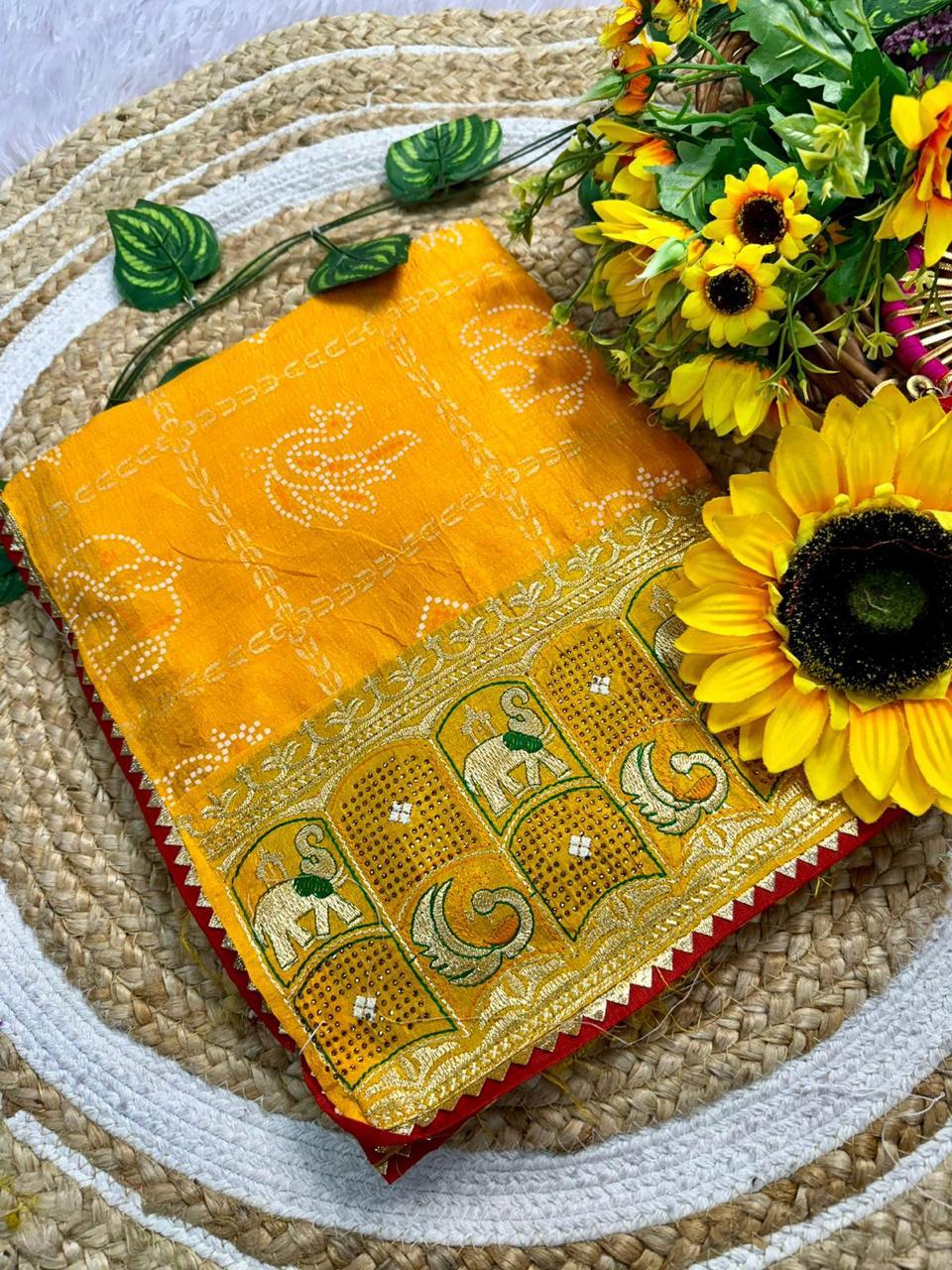 Yellow Gujarati Bandhani Handprint Saree