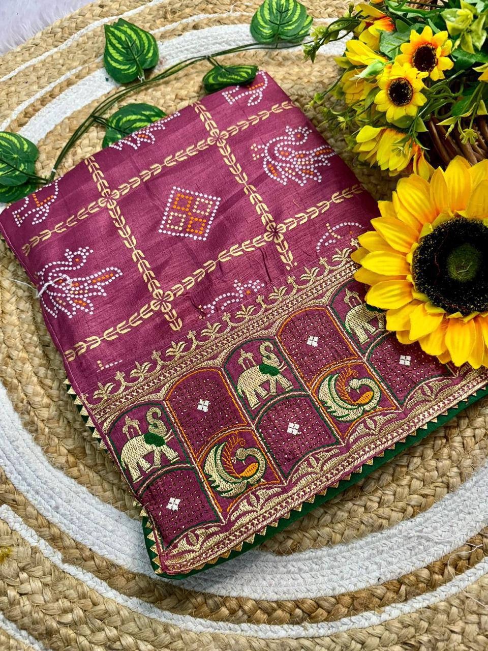 Purple Gujarati Bandhani Handprint Saree