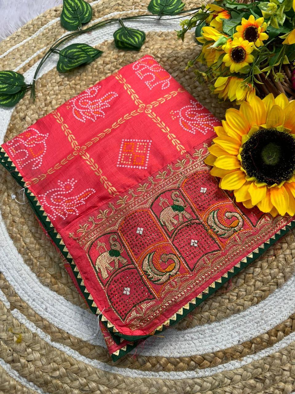 Red Gujarati Bandhani Handprint Saree