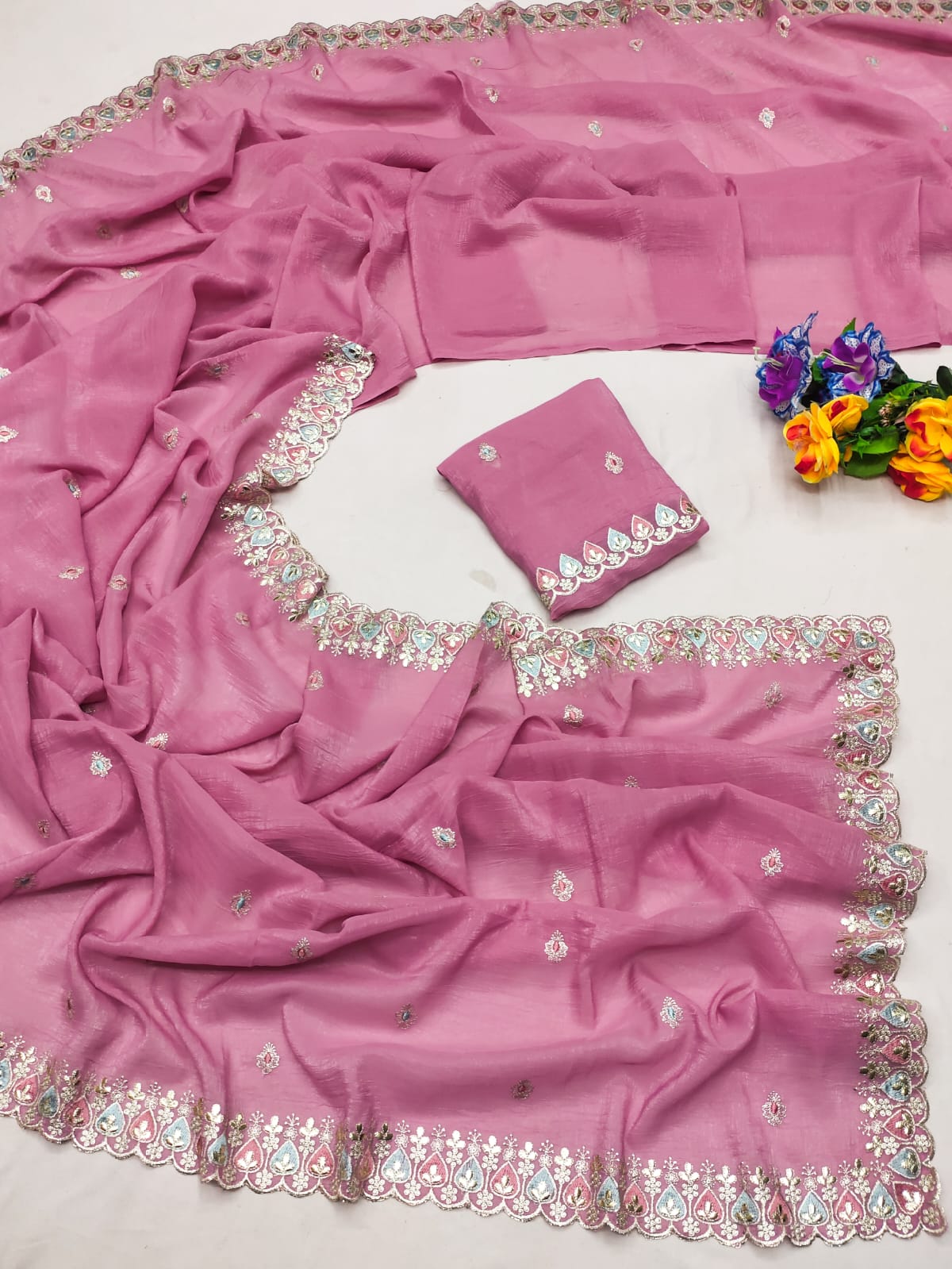 Pink Barbarick Silk Cutwork Saree