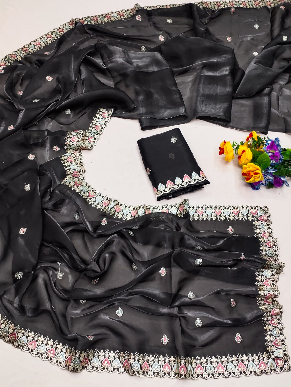 Black Barbarick Silk Cutwork Saree