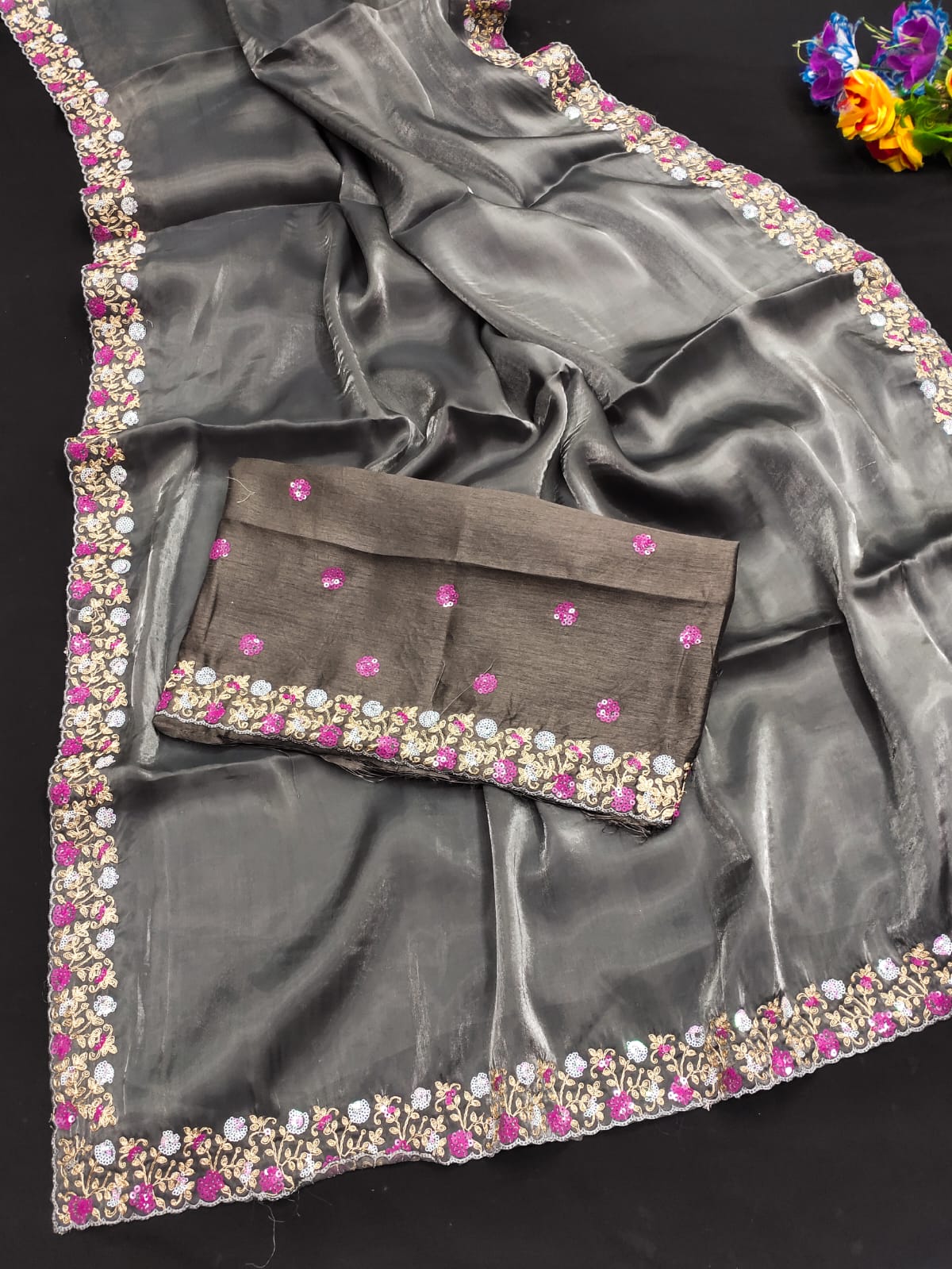 Grey Floral Sequins Embroidery Work Jimmy Choo Saree