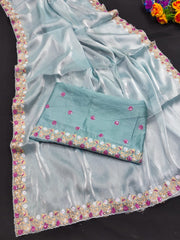 Sky Blue Floral Sequins Embroidery Work Jimmy Choo Saree