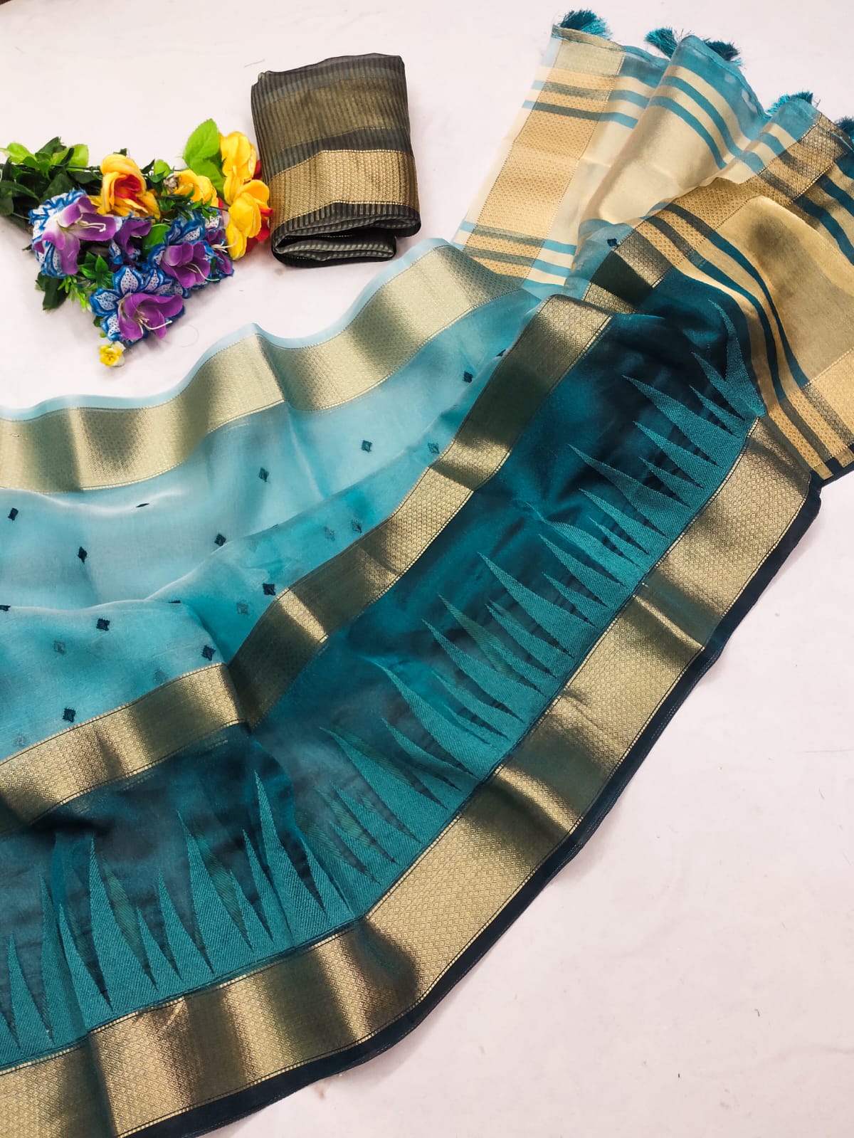 Blue Cotton Tissue Silk Sequence work Saree