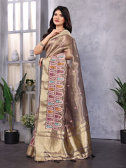 Wine Color  Cotton Khadi Silk With Sequence Work Saree For Women