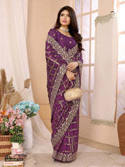 Wine Color Vichitra Silk Bandhani Saree