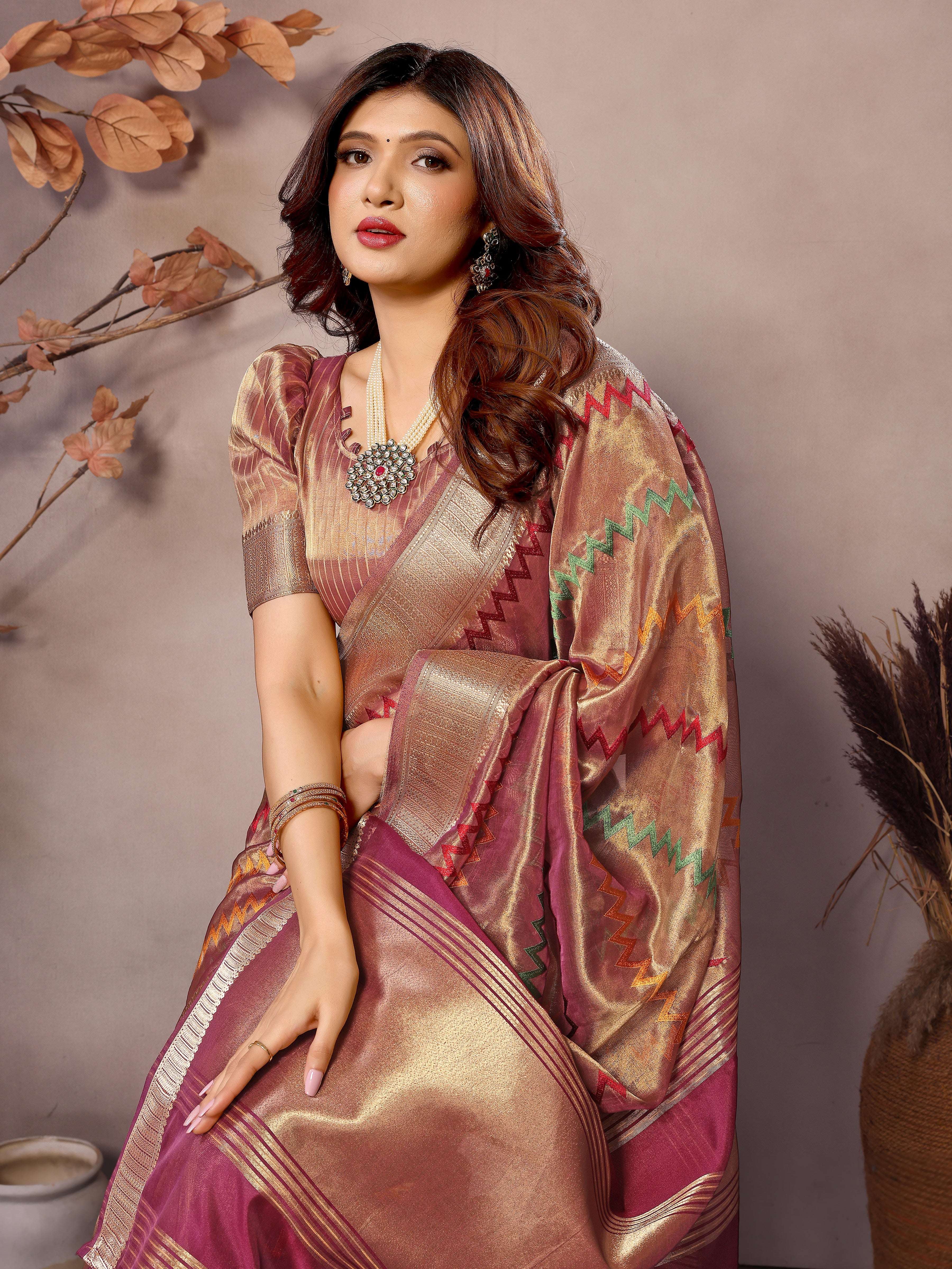 Wine Kashmiri Zari work Saree