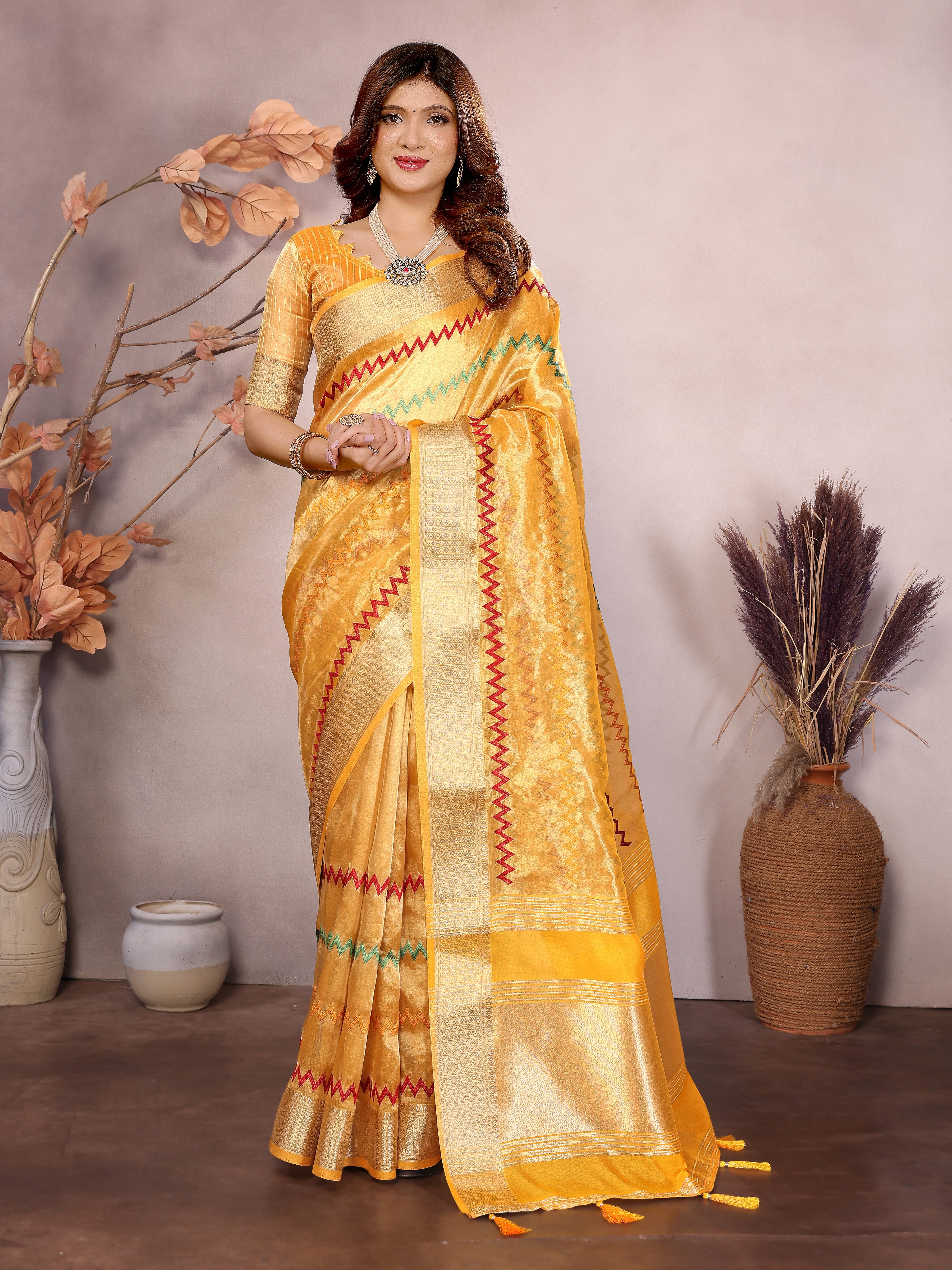 Yellow Color All-over thread embroidery yellow saree
